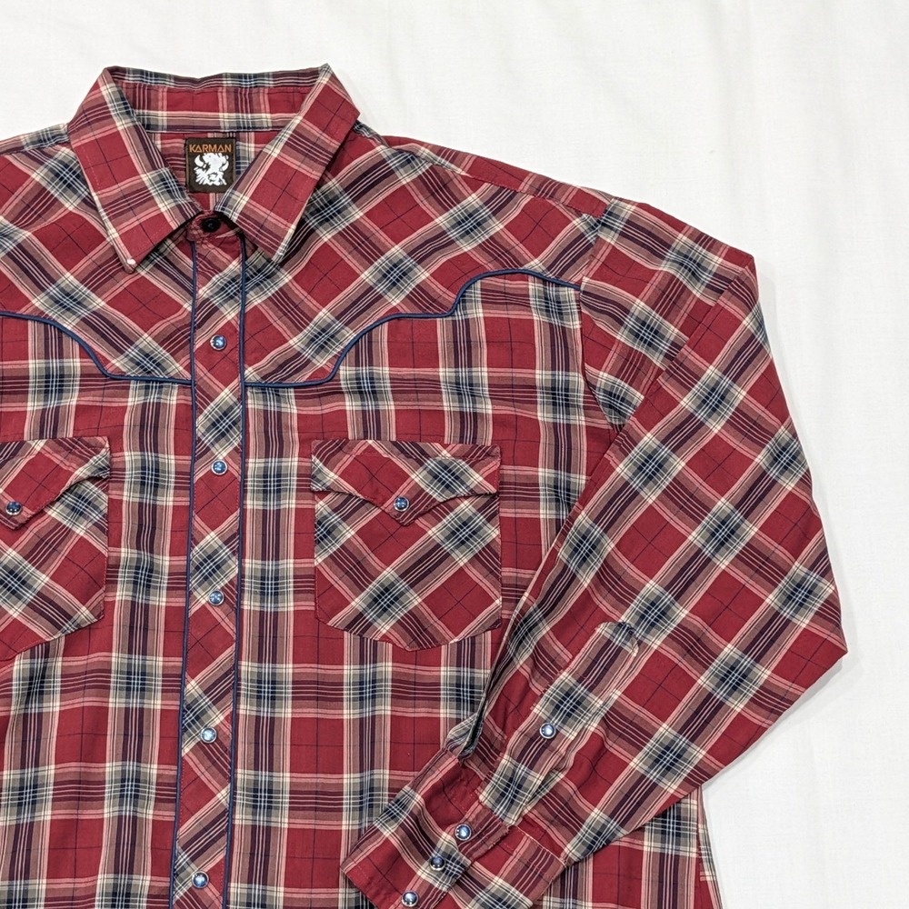 Karman Men's Red Plaid Pearl Snap Western Shirt Extra Long Tail Made in USA 17.5